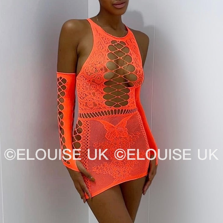 “JASMINE” MESH DRESS WITH GLOVES - ORANGE