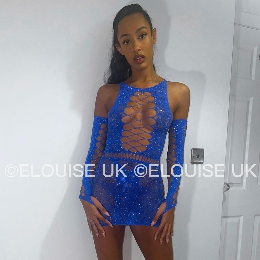 “JASMINE” MESH DRESS WITH GLOVES - BLUE