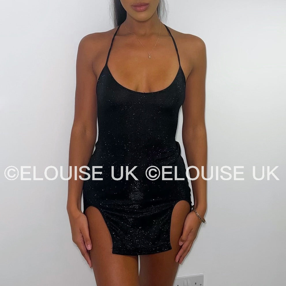 “ELSA” LACE UP BACK GLITTER DRESS - BLACK