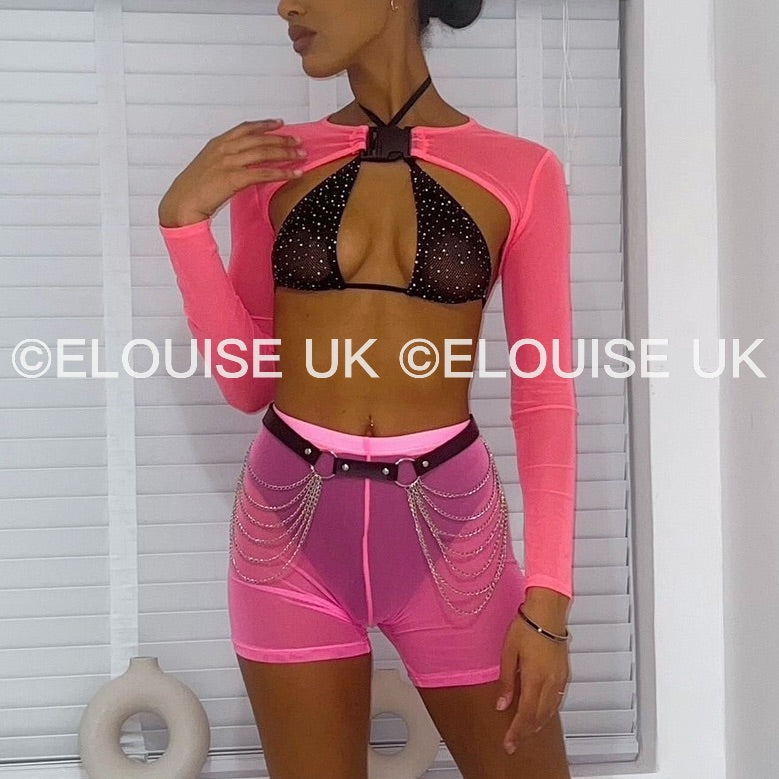 MESH BUCKLE EXTREME CROP TOP - NEON PINK