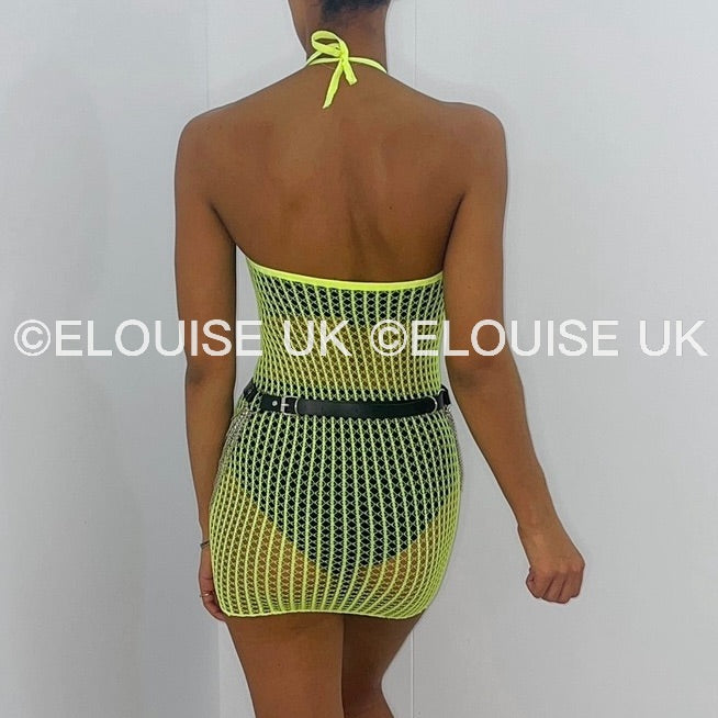 HALTER NECK FISHNET DRESS - YELLOW