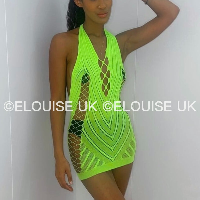 Neon green fishnet festival dress cut out sheer halter rave dress festival outfit