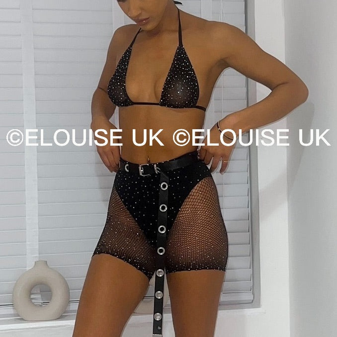 RHINESTONE FISHNET TWO PIECE - BLACK