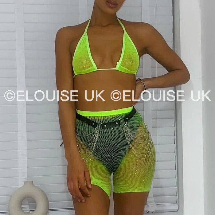 RHINESTONE FISHNET SHORTS - LIME