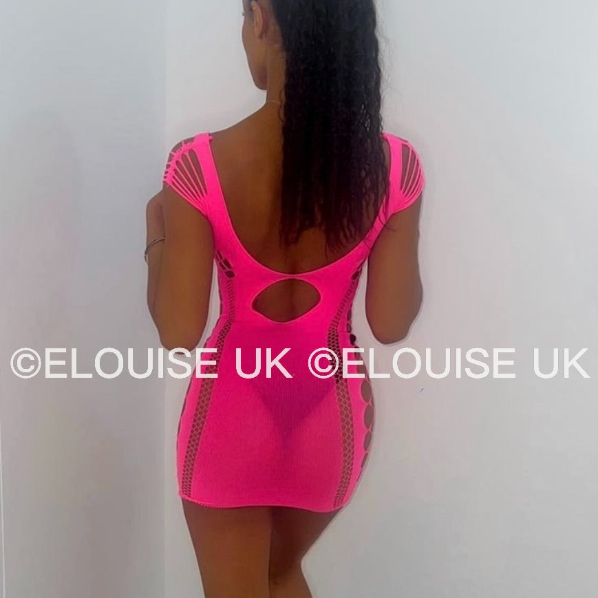 “ELLIE” MESH CUT OUT DRESS - NEON PINK