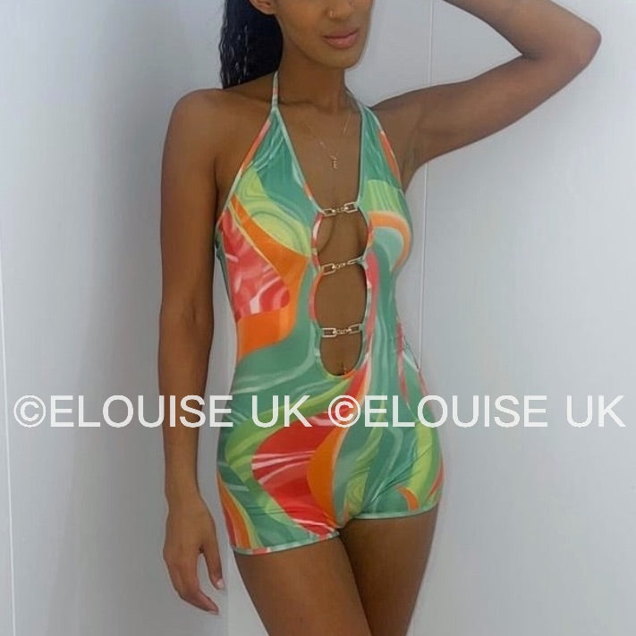 “SAMIE” PATTERNED CHAIN PLAYSUIT