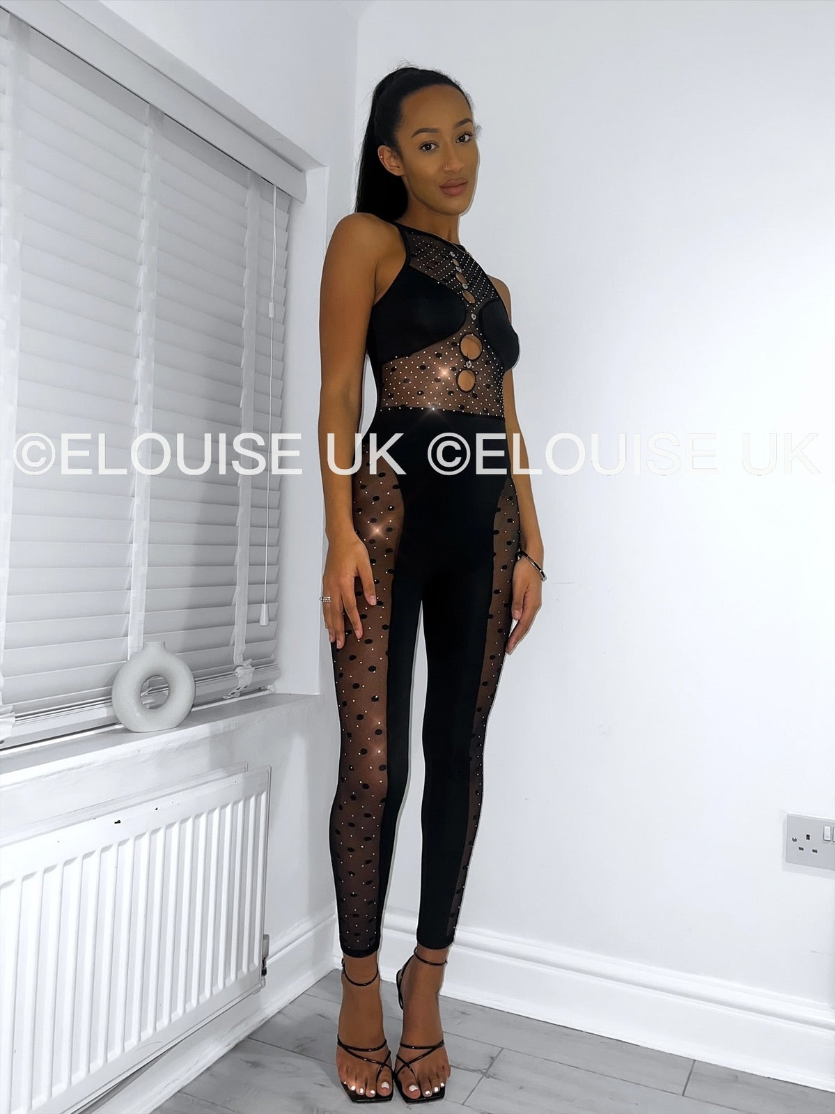 “AMELIA” MESH PANEL RHINESTONE JUMPSUIT