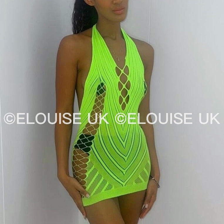 Neon green fishnet festival dress cut out sheer halter rave dress festival outfit