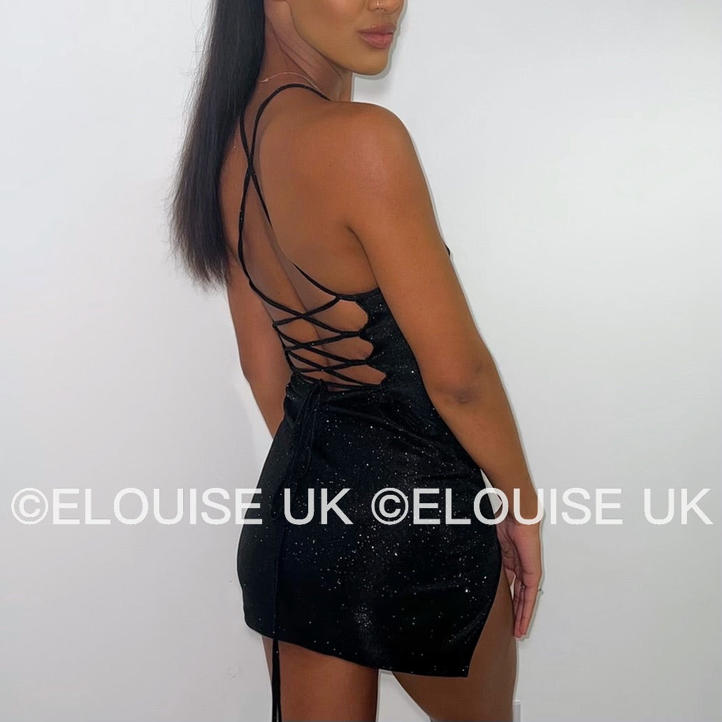 “ELSA” LACE UP BACK GLITTER DRESS - BLACK