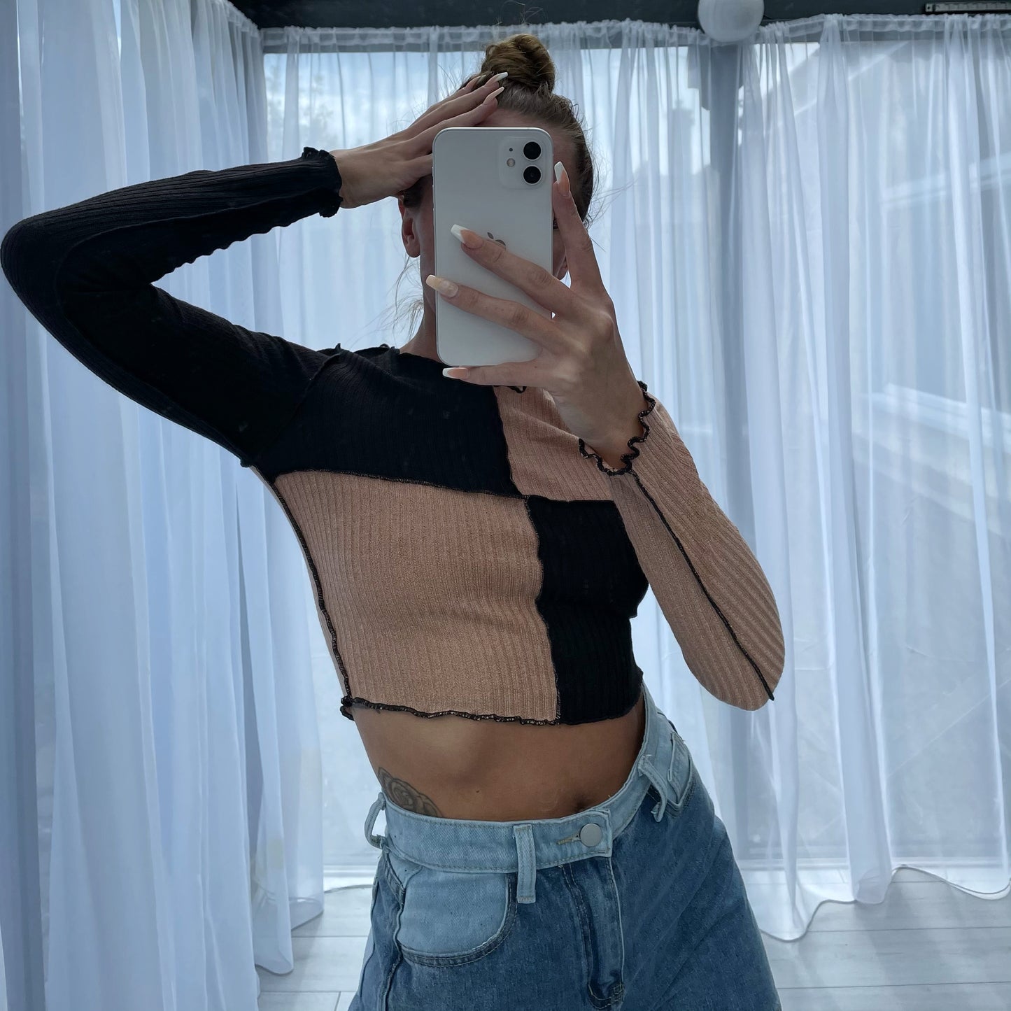 LONG SLEEVED PATCHWORK CROP TOP