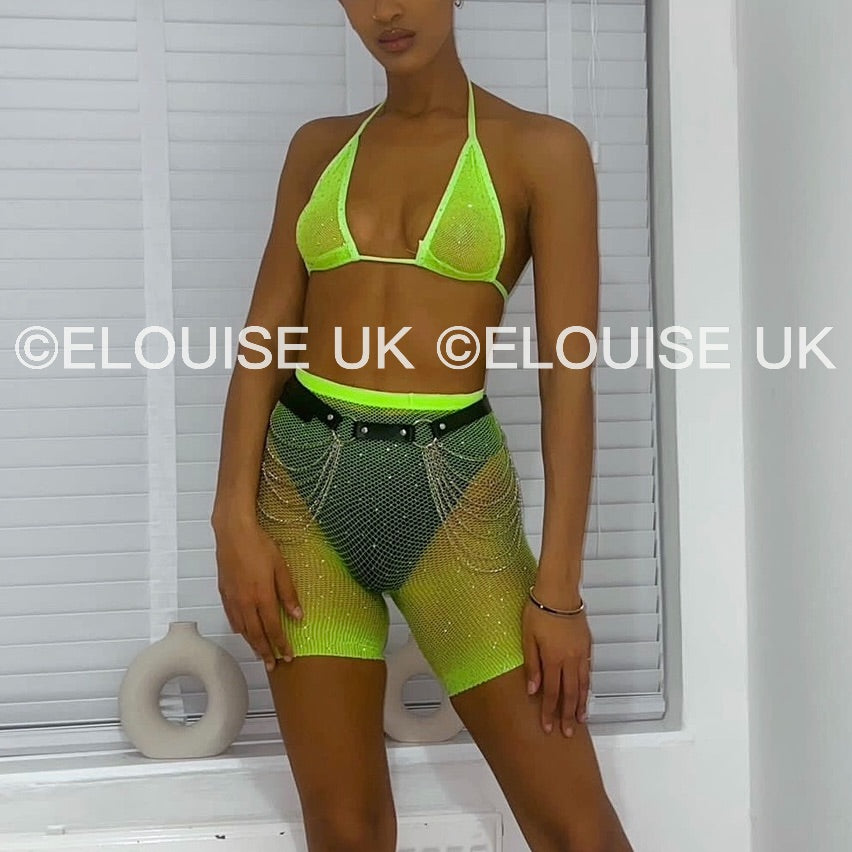 RHINESTONE FISHNET TWO PIECE - LIME