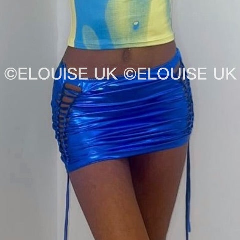 “SIENNA” METALLIC LACE UP MINI SKIRT - BLUE