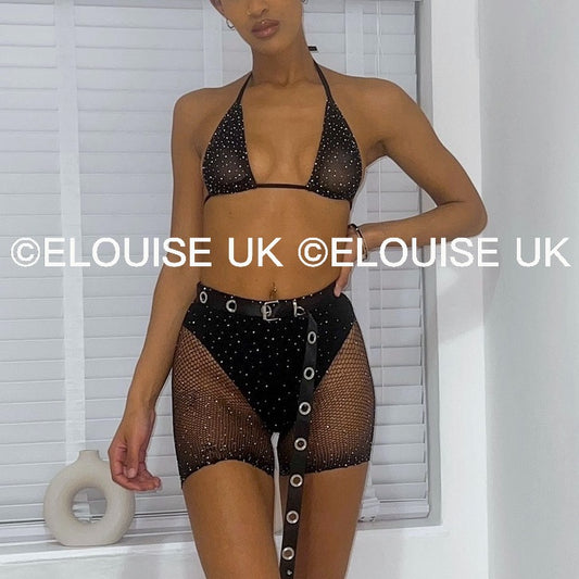 RHINESTONE FISHNET TWO PIECE - BLACK