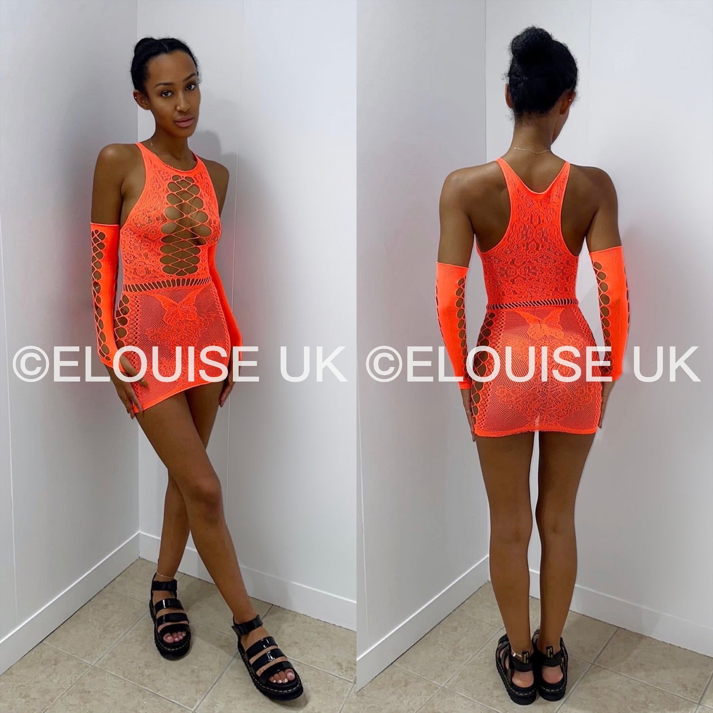 “JASMINE” MESH DRESS WITH GLOVES - ORANGE