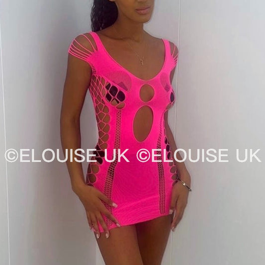 “ELLIE” MESH CUT OUT DRESS - NEON PINK