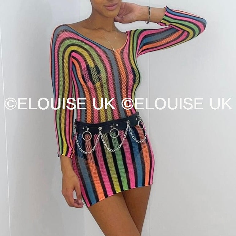 FISHNET LONG SLEEVE DRESS - RAINBOW