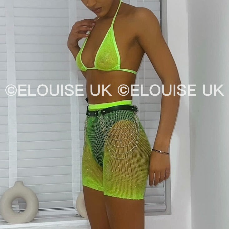 RHINESTONE FISHNET SHORTS - LIME