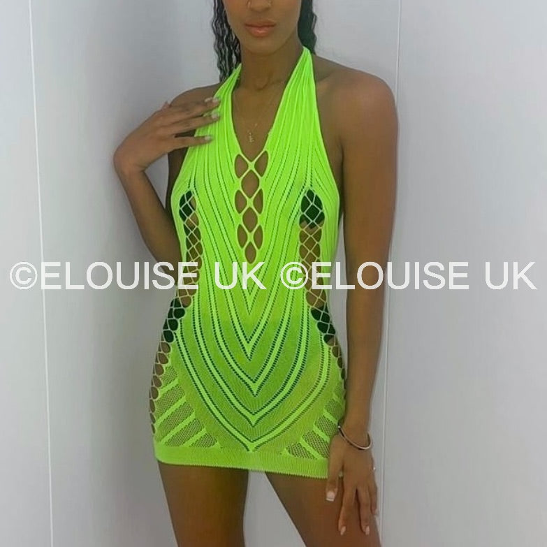 Neon green fishnet festival dress cut out sheer halter rave dress festival outfit