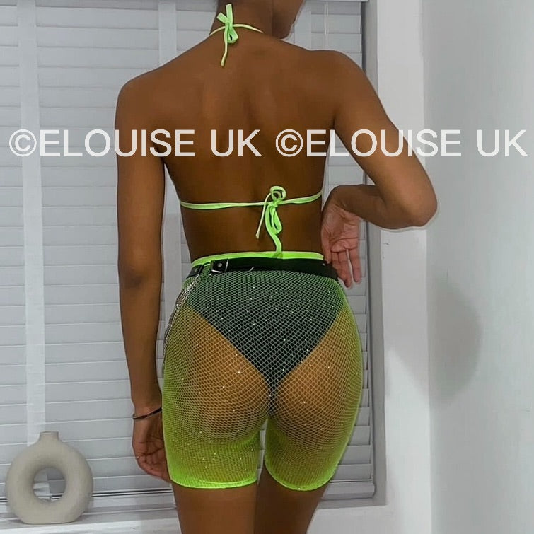 RHINESTONE FISHNET SHORTS - LIME