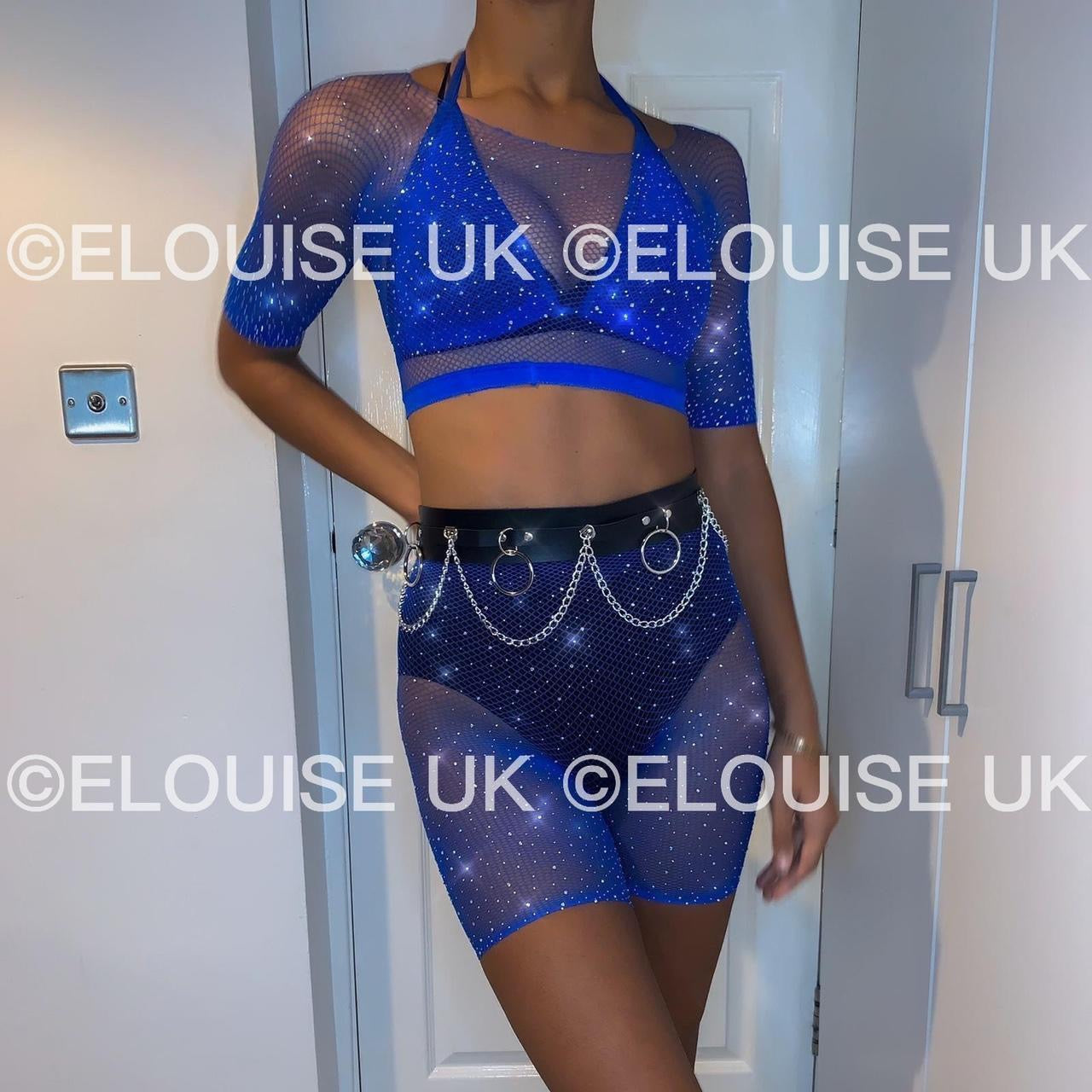 RHINESTONE FISHNET SHORTS - BLUE