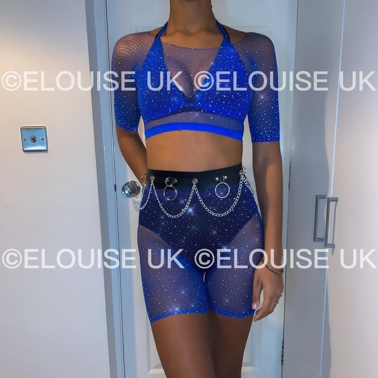 RHINESTONE FISHNET SHORTS - BLUE