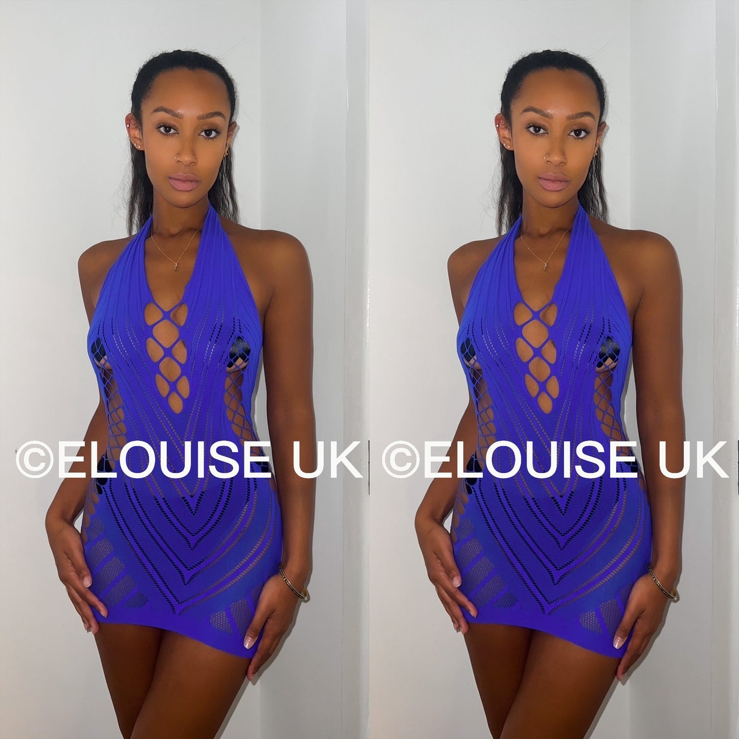 Blue fishnet festival dress cut out sheer halter rave dress