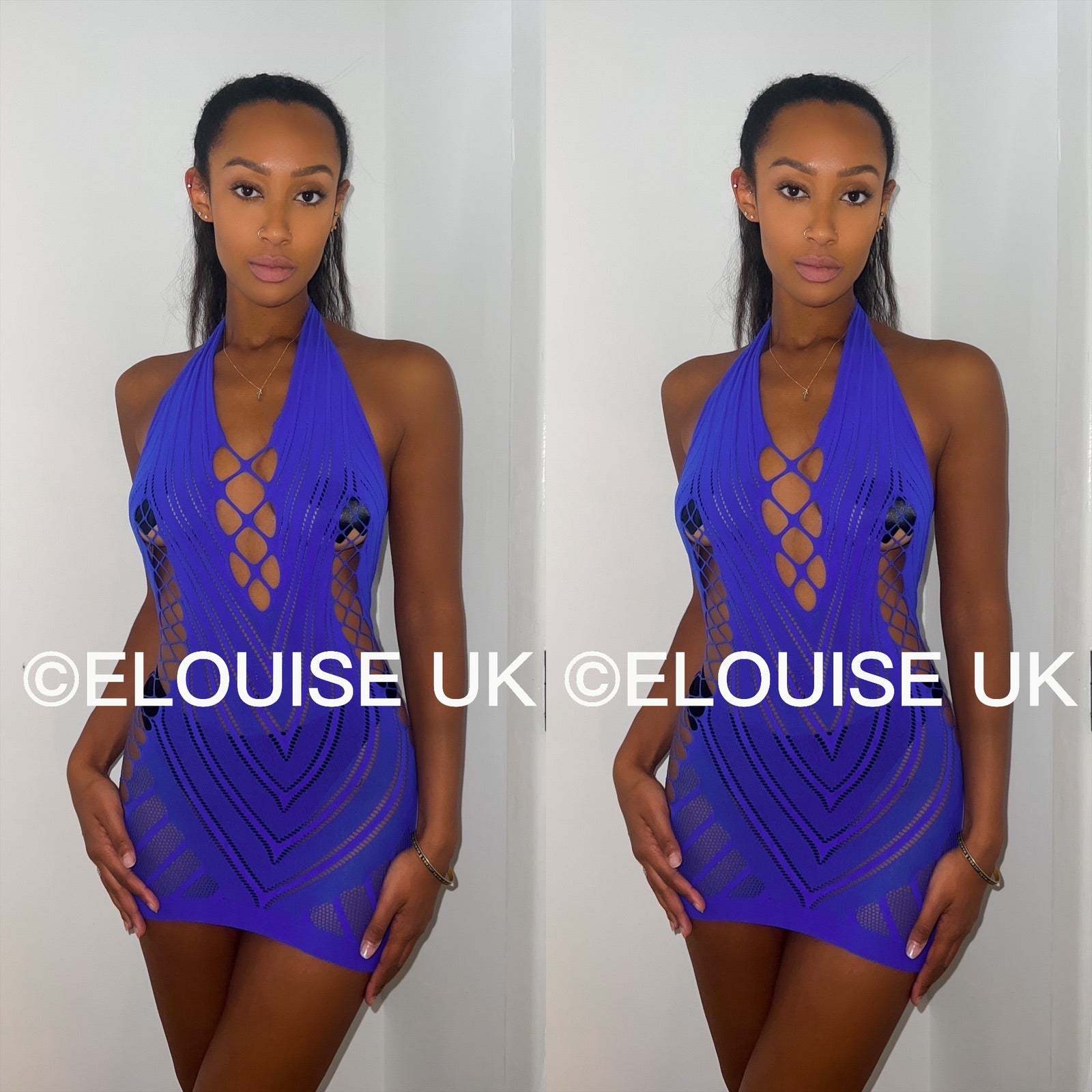 Blue fishnet festival dress cut out sheer halter rave dress