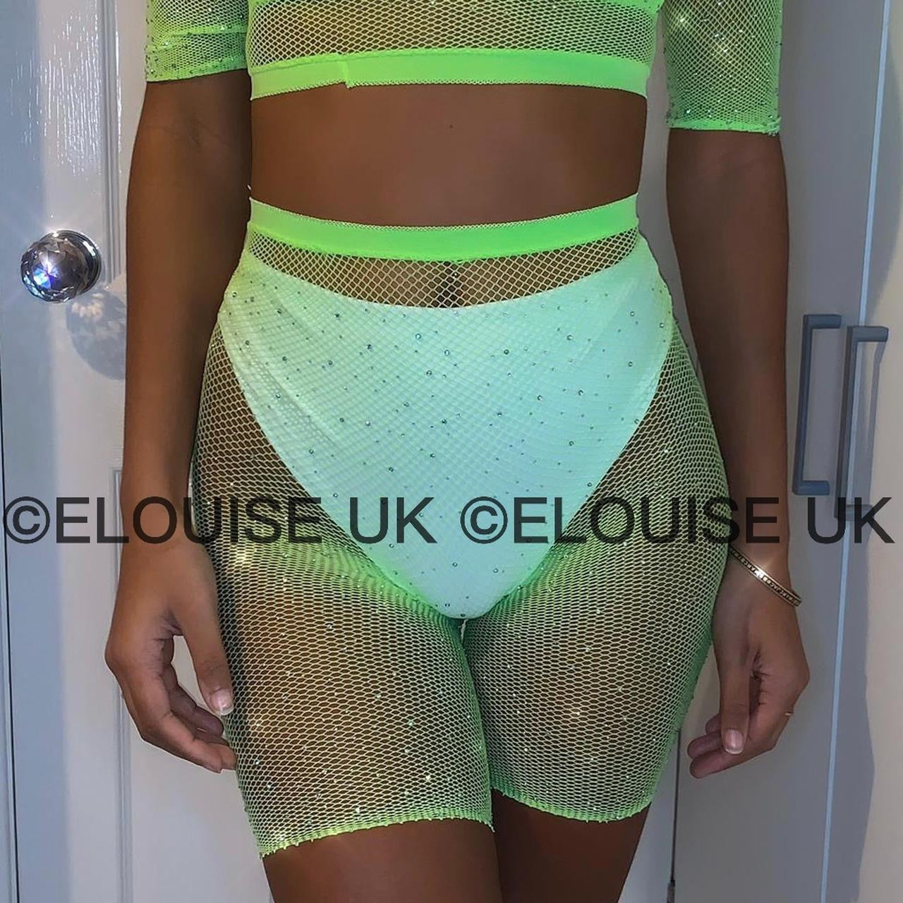 RHINESTONE FISHNET SHORTS - LIME