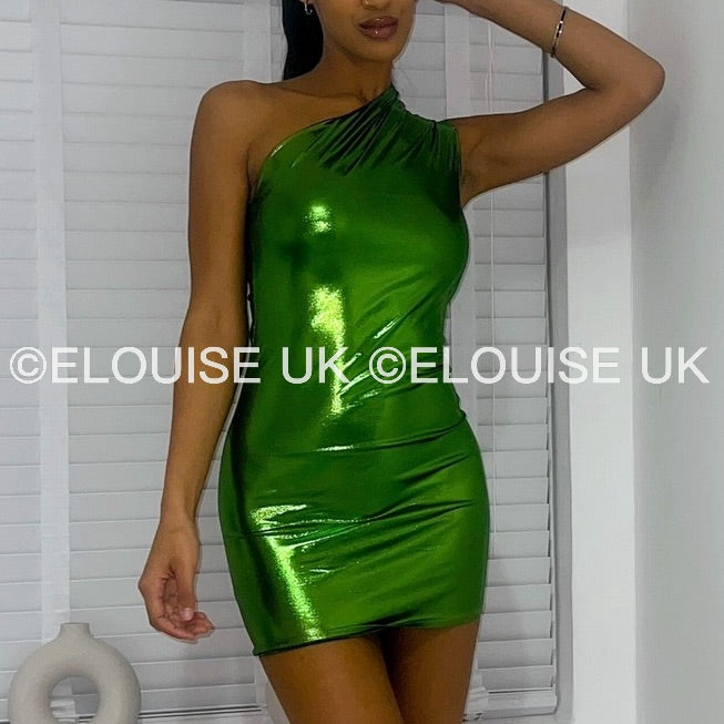 “EVA” ONE SHOULDER METALLIC DRESS - GREEN