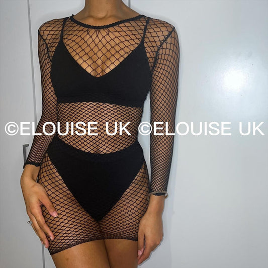 LONG SLEEVE FISHNET DRESS - BLACK