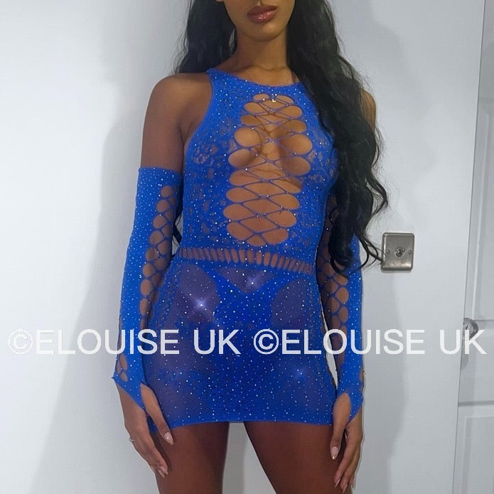 “JASMINE” MESH DRESS WITH GLOVES - BLUE