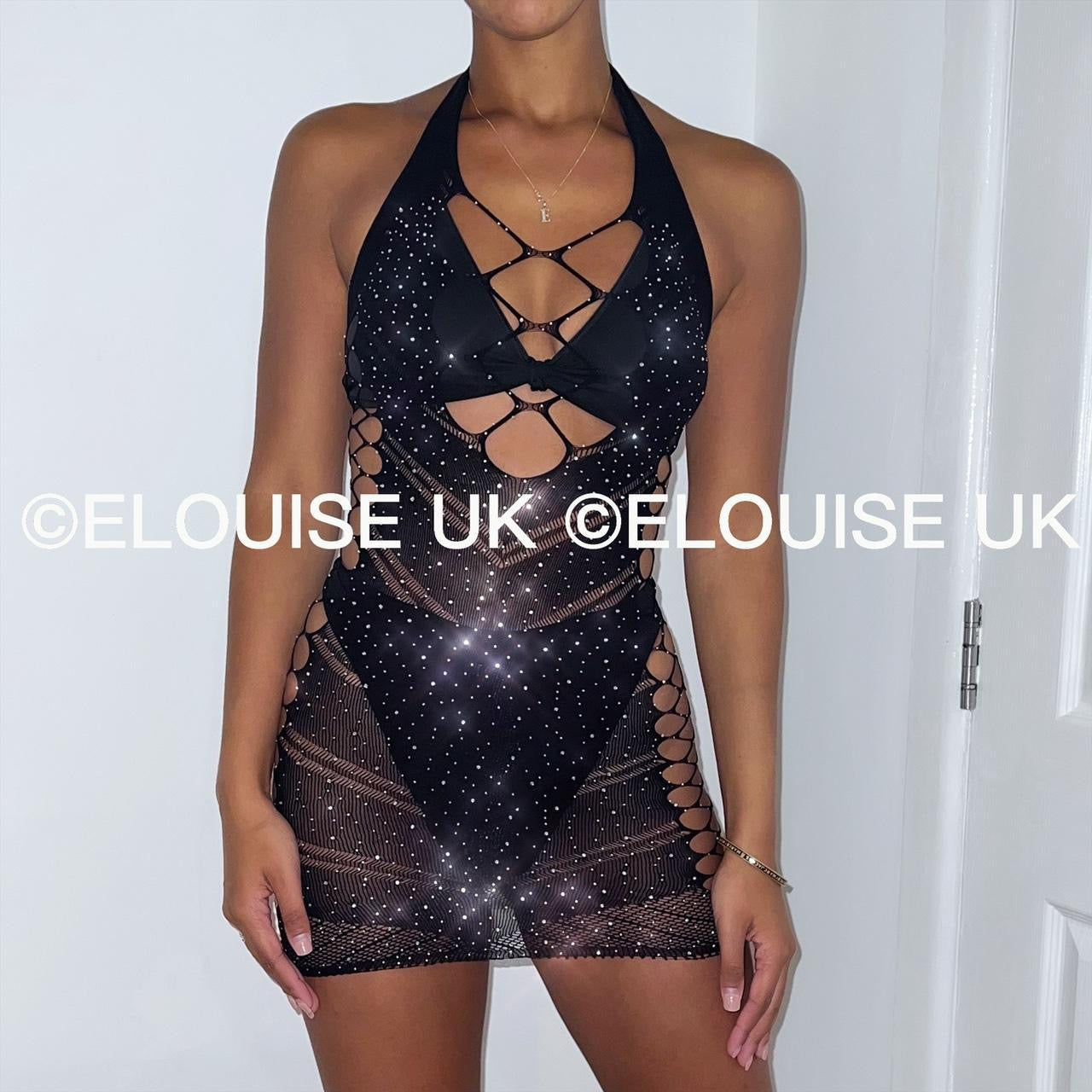 “BRIELLE” MESH CUT OUT DIAMANTÉ DRESS