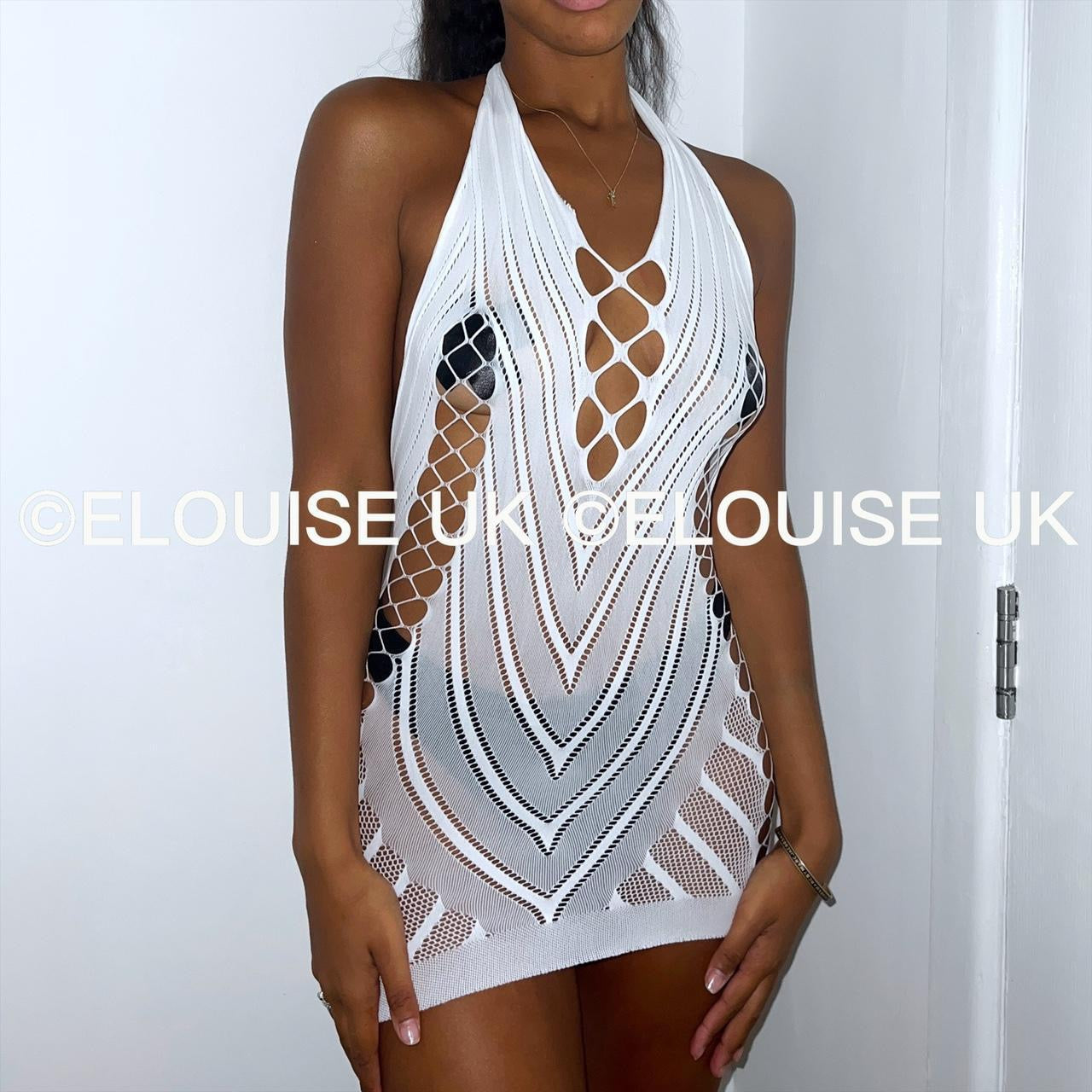 White fishnet festival dress cut out sheer halter rave dress