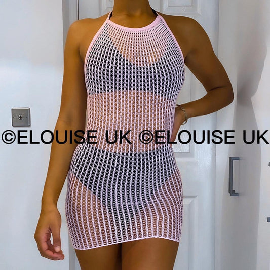 HALTER NECK FISHNET DRESS - BABY PINK