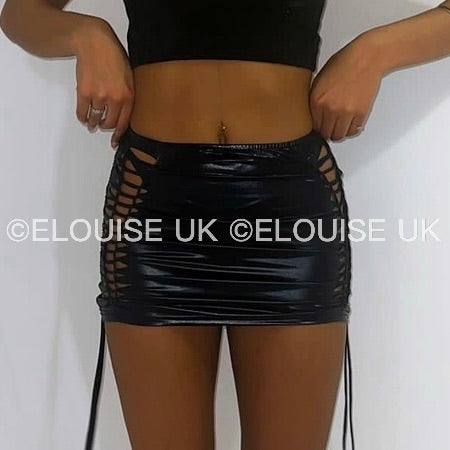 “SIENNA” METALLIC LACE UP MINI SKIRT - BLACK