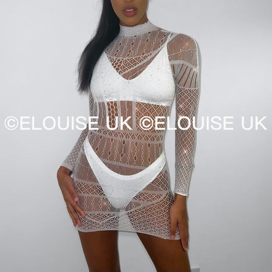 HIGH NECK DIAMANTÉ MESH DRESS - WHITE