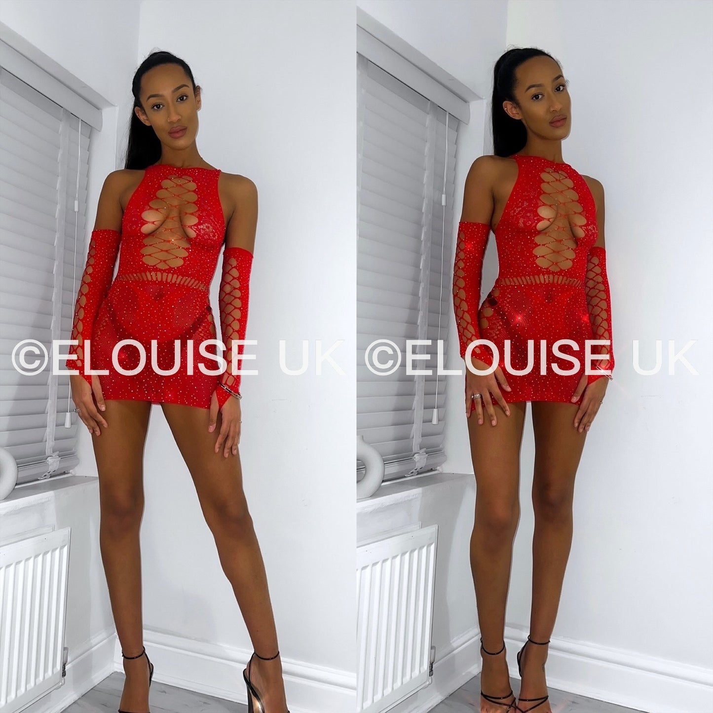 “JASMINE” MESH DRESS WITH GLOVES IN RED