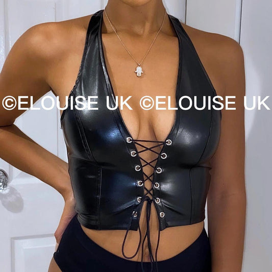 FAUX LEATHER LACE UP CROP TOP