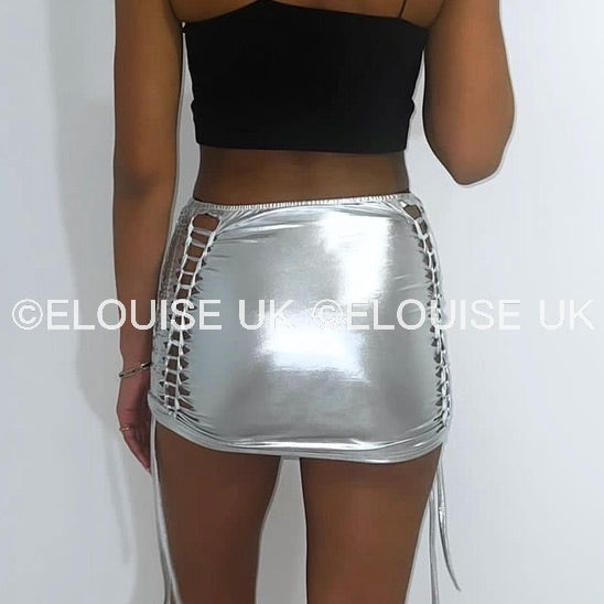 “SIENNA” METALLIC LACE UP MINI SKIRT - SILVER