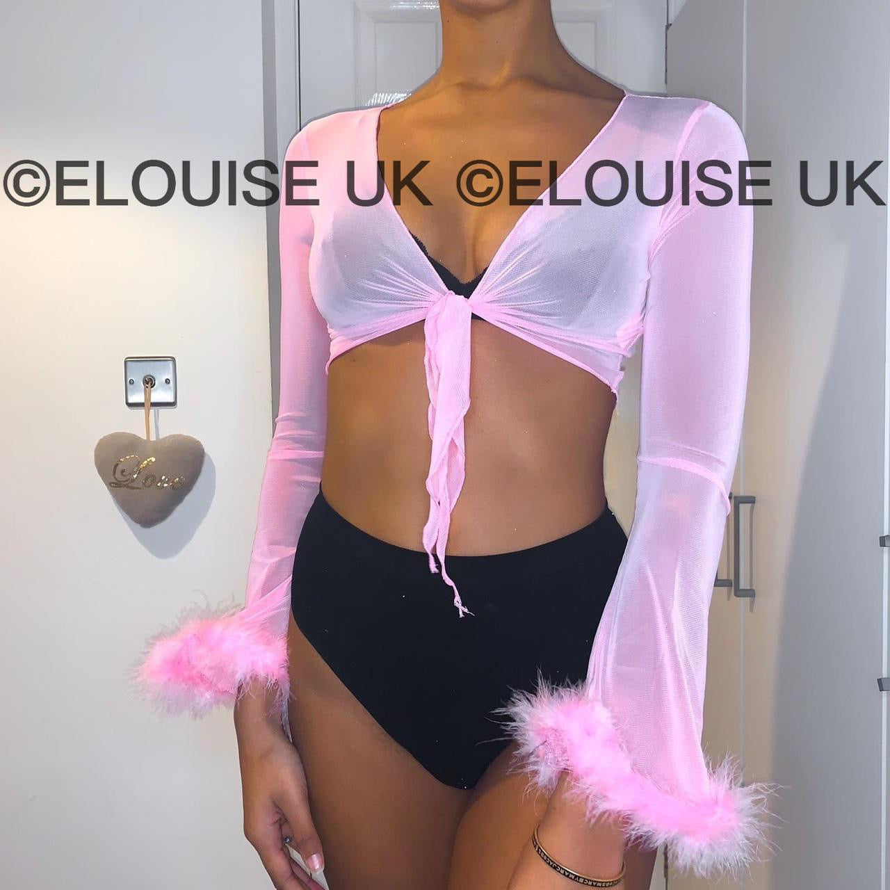 SHEER FLUFFY TIE UP TOP - PINK