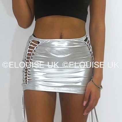 “SIENNA” METALLIC LACE UP MINI SKIRT - SILVER