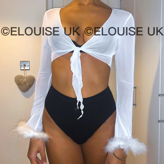 SHEER FLUFFY TIE UP TOP - WHITE