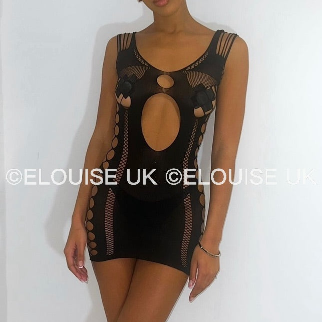 “ELLIE” MESH CUT OUT DRESS - BLACK