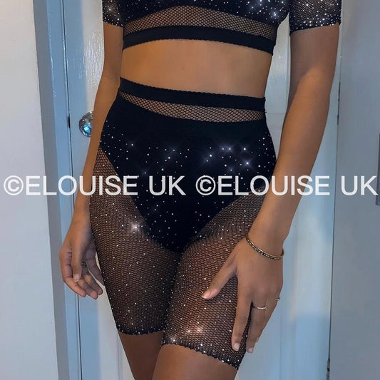 RHINESTONE FISHNET SHORTS - BLACK