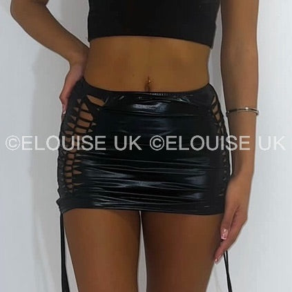 “SIENNA” METALLIC LACE UP MINI SKIRT - BLACK