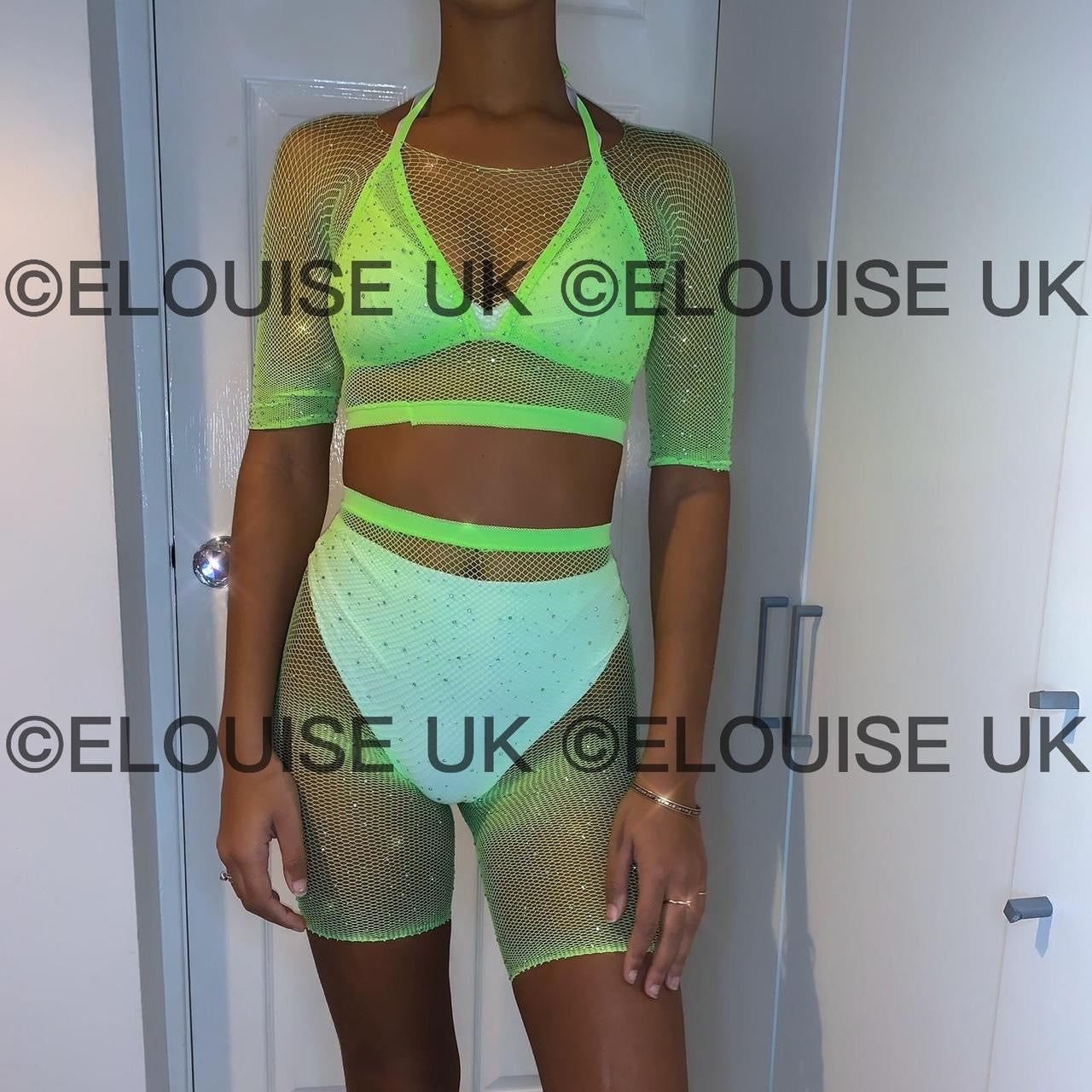 RHINESTONE FISHNET SHORTS - LIME