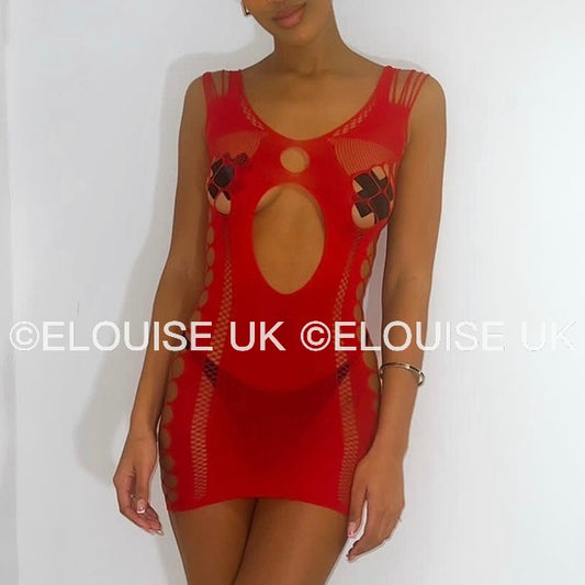 “ELLIE” MESH CUT OUT DRESS - RED