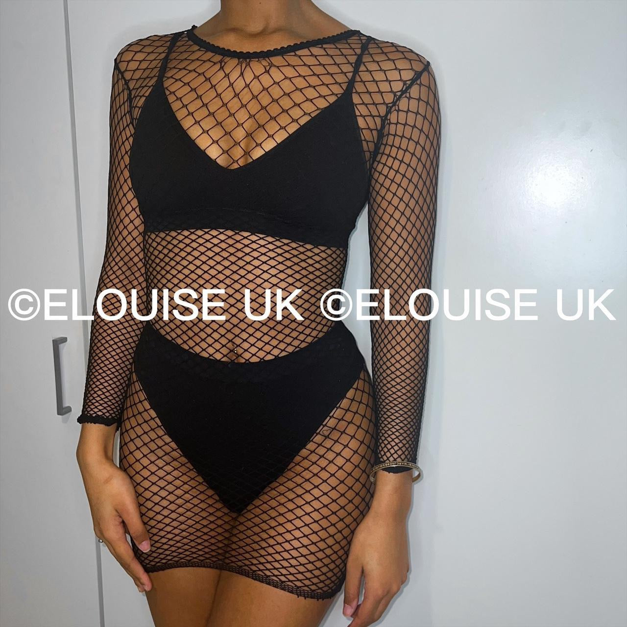 LONG SLEEVE FISHNET DRESS - BLACK