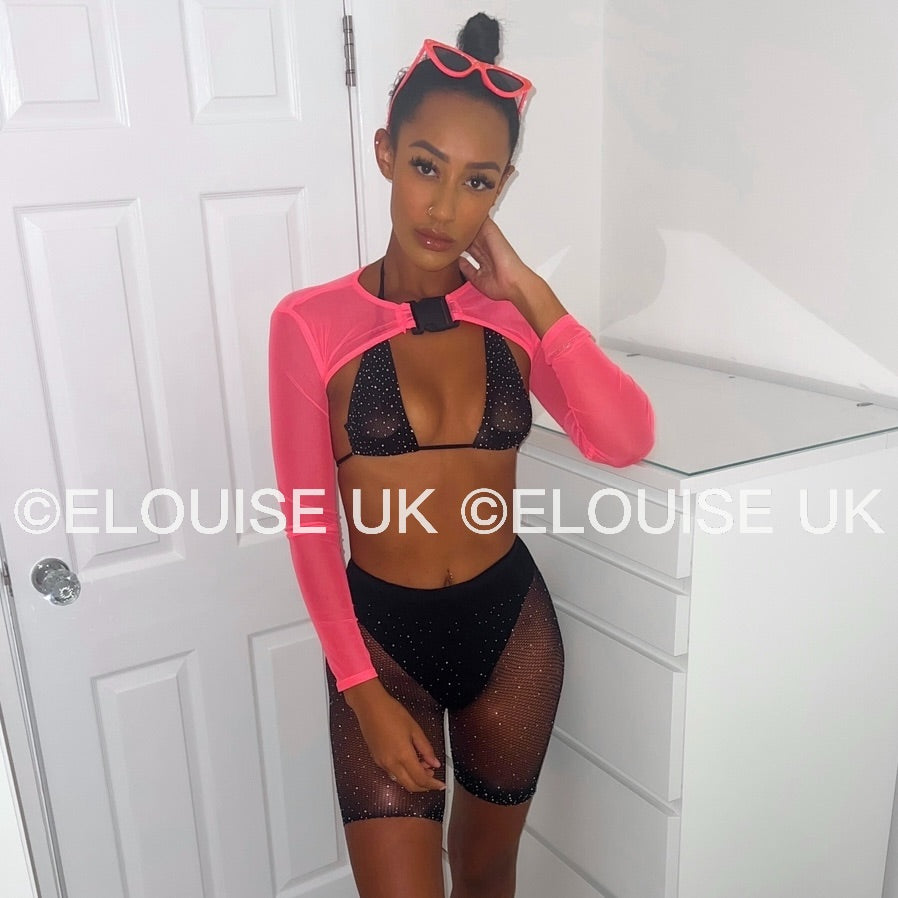 MESH BUCKLE EXTREME CROP TOP - NEON PINK