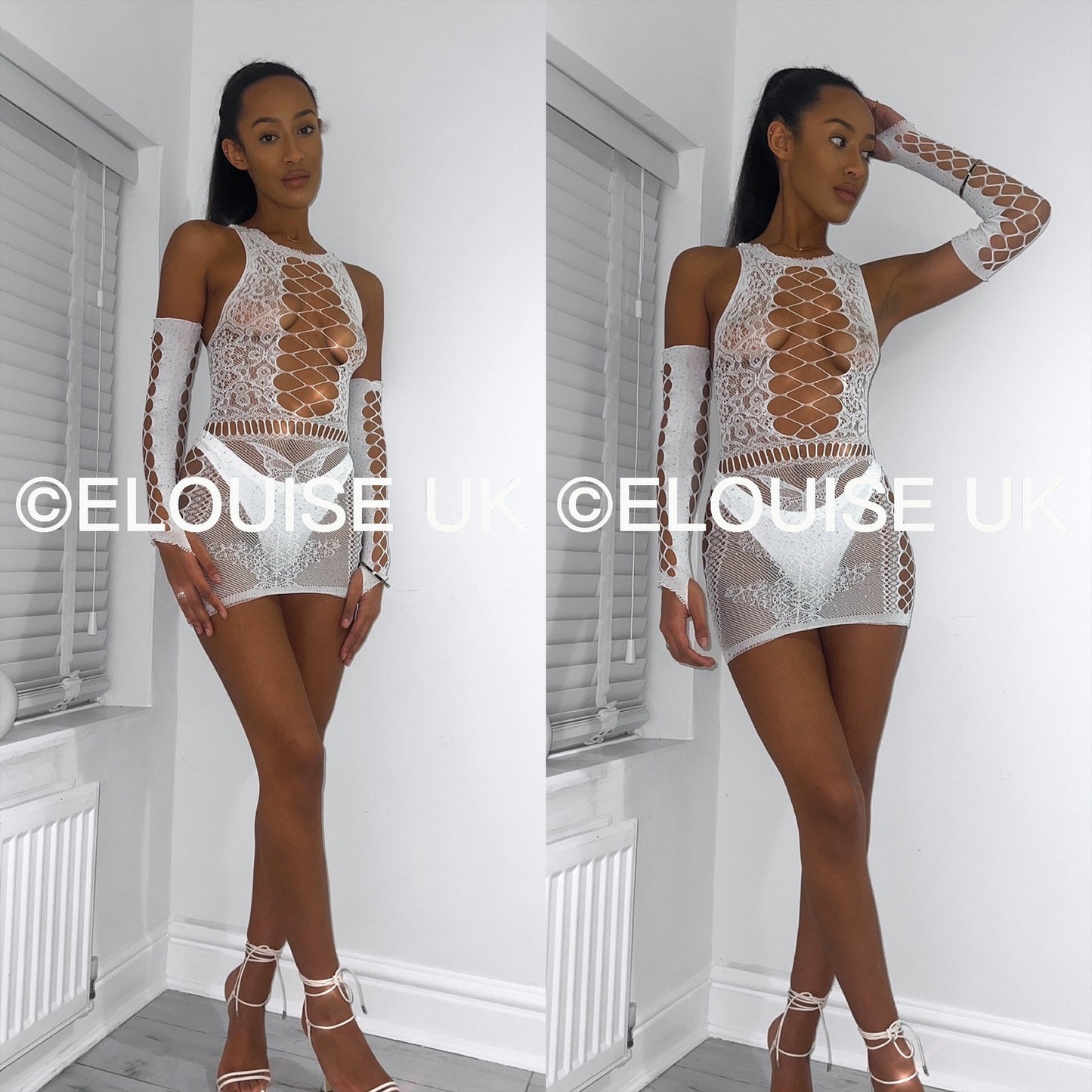 “JASMINE” MESH DRESS WITH GLOVES IN WHITE